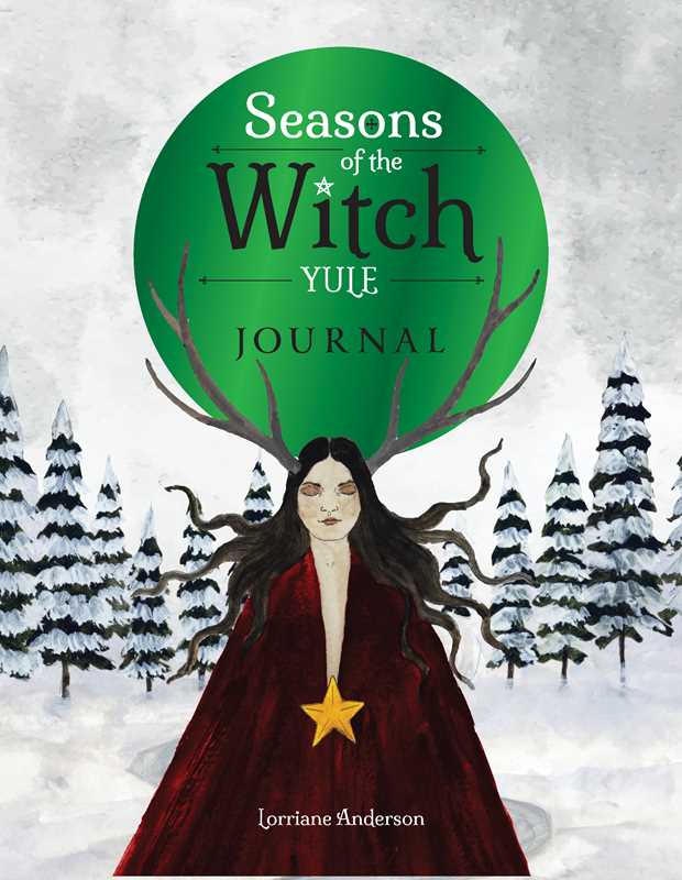 Book cover of 'Seasons of the Witch Yule Journal' with a woman in a red cloak and antlers against a snowy background.