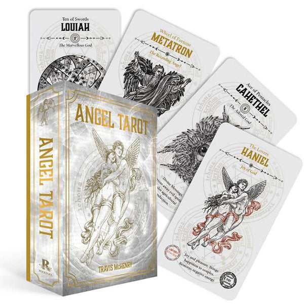Angel Tarot card set with tarot cards and packaging on a white background