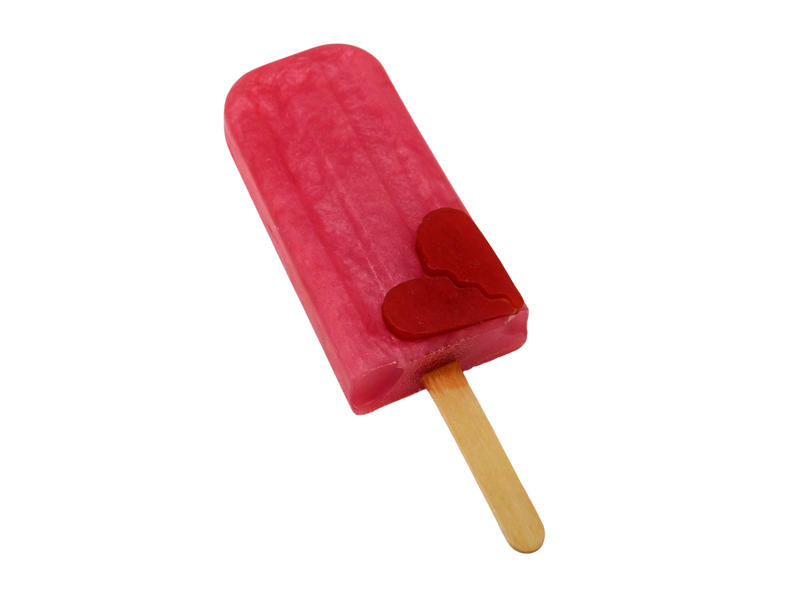 pink ice pop shaped soap with red broken heart soap on bottom right corner